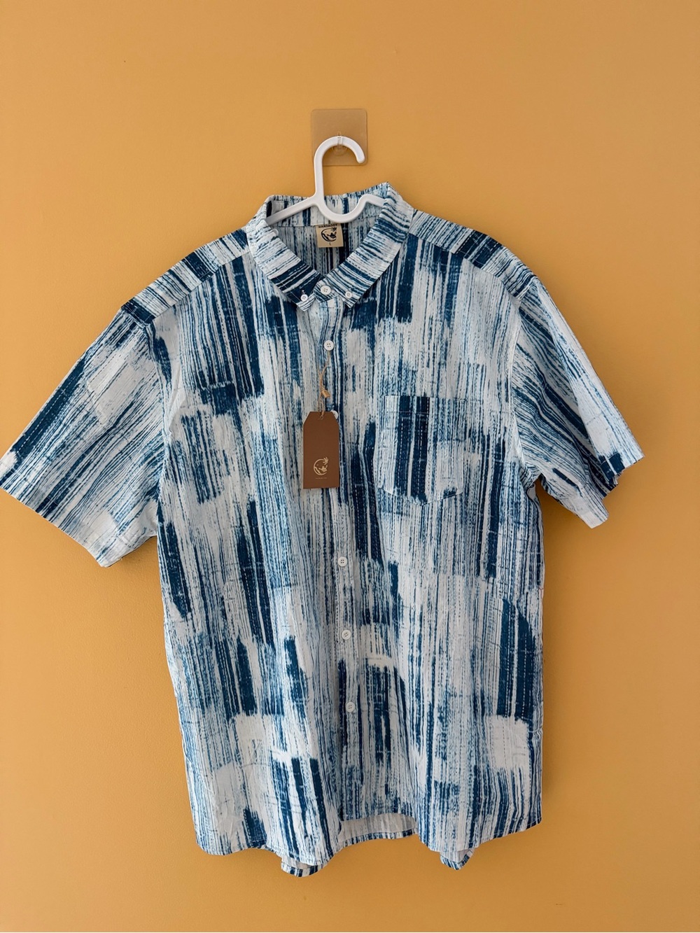 Hardaddy new Men's Short Sleeve Button-Up Shirt in Blue Brushstroke Print L